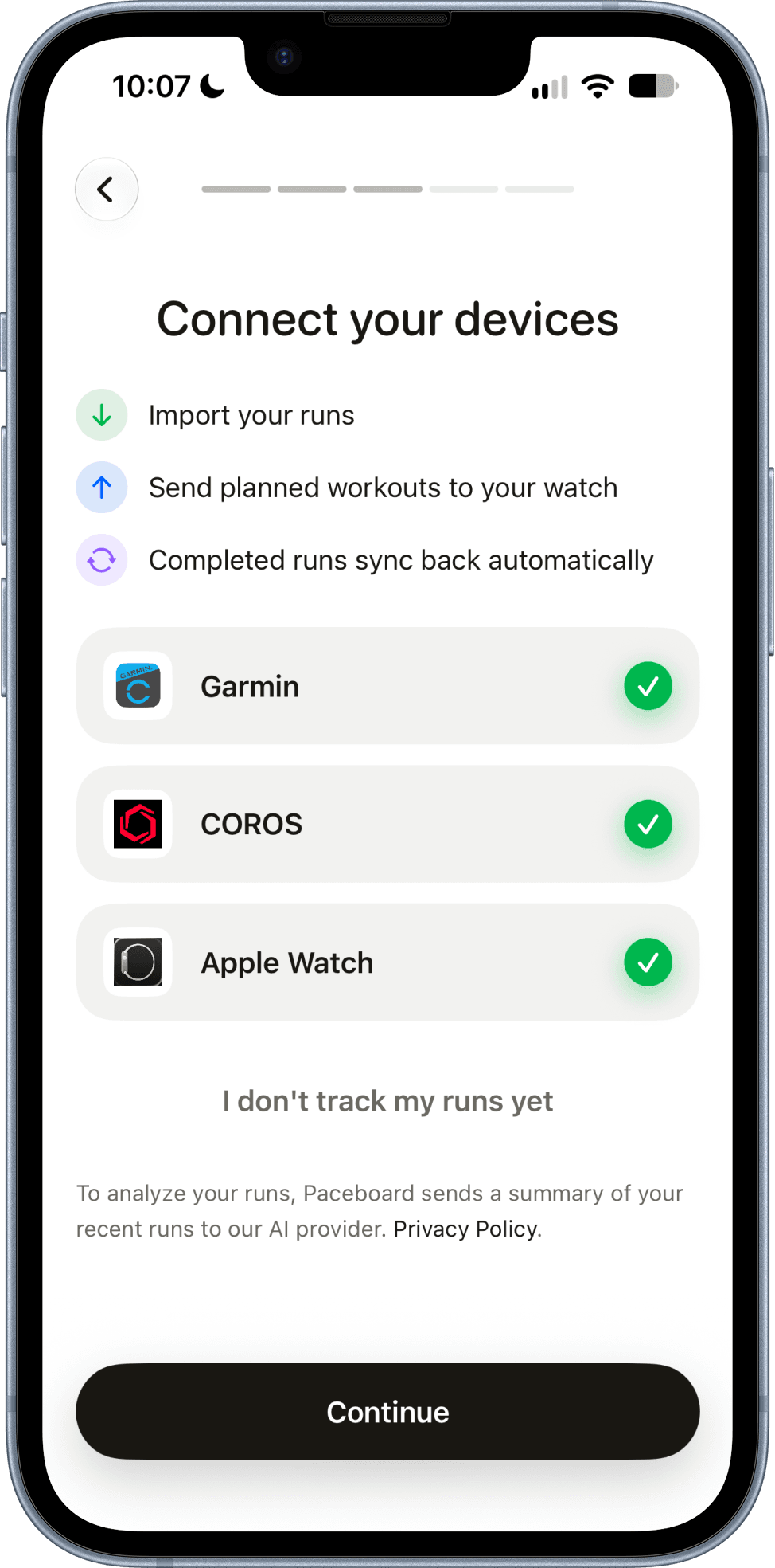 Paceboard device setup with Garmin, COROS, and Apple Watch all connected