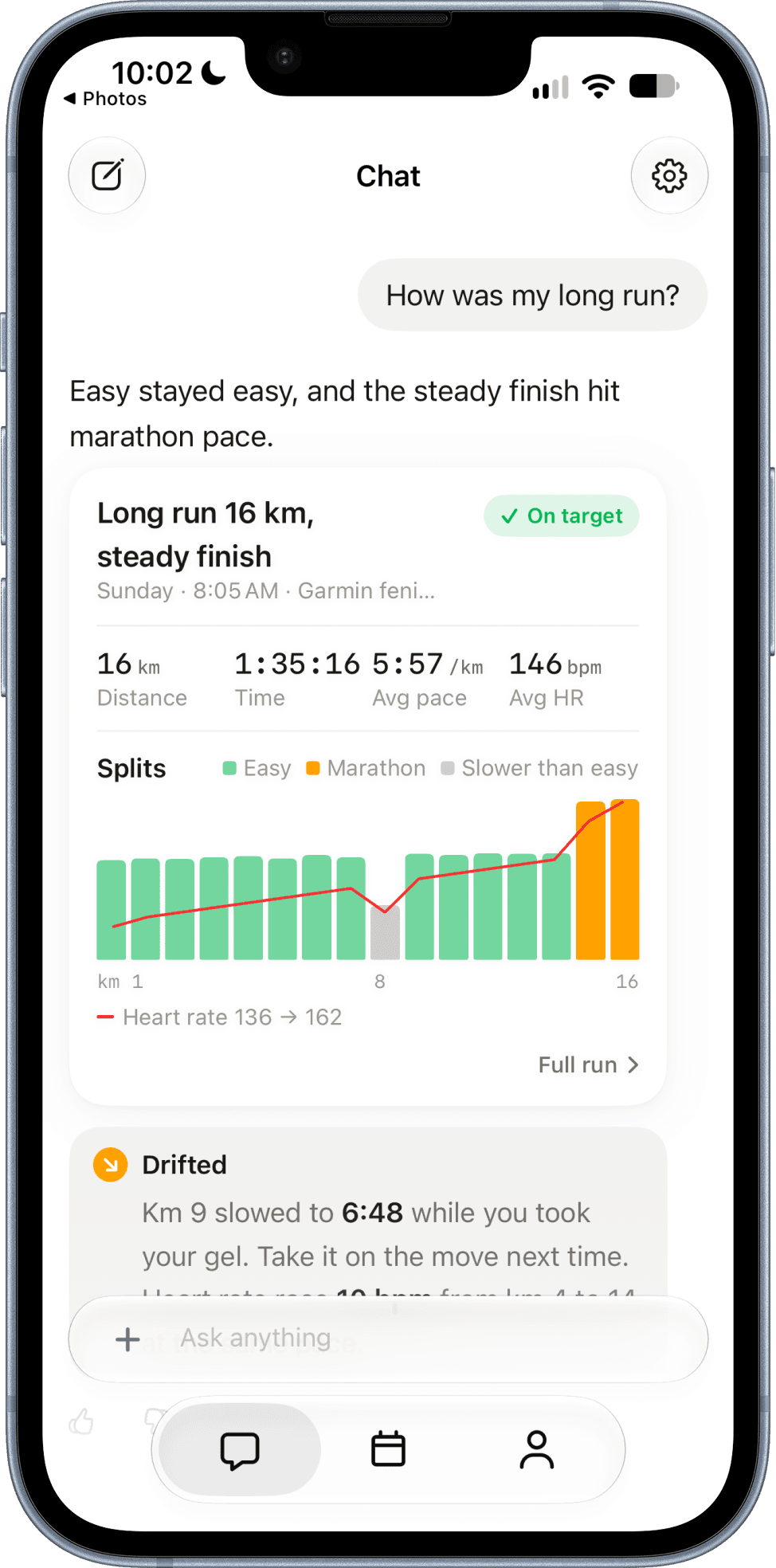 Paceboard long run review showing easy and marathon-pace splits with a heart rate trend and an On target badge