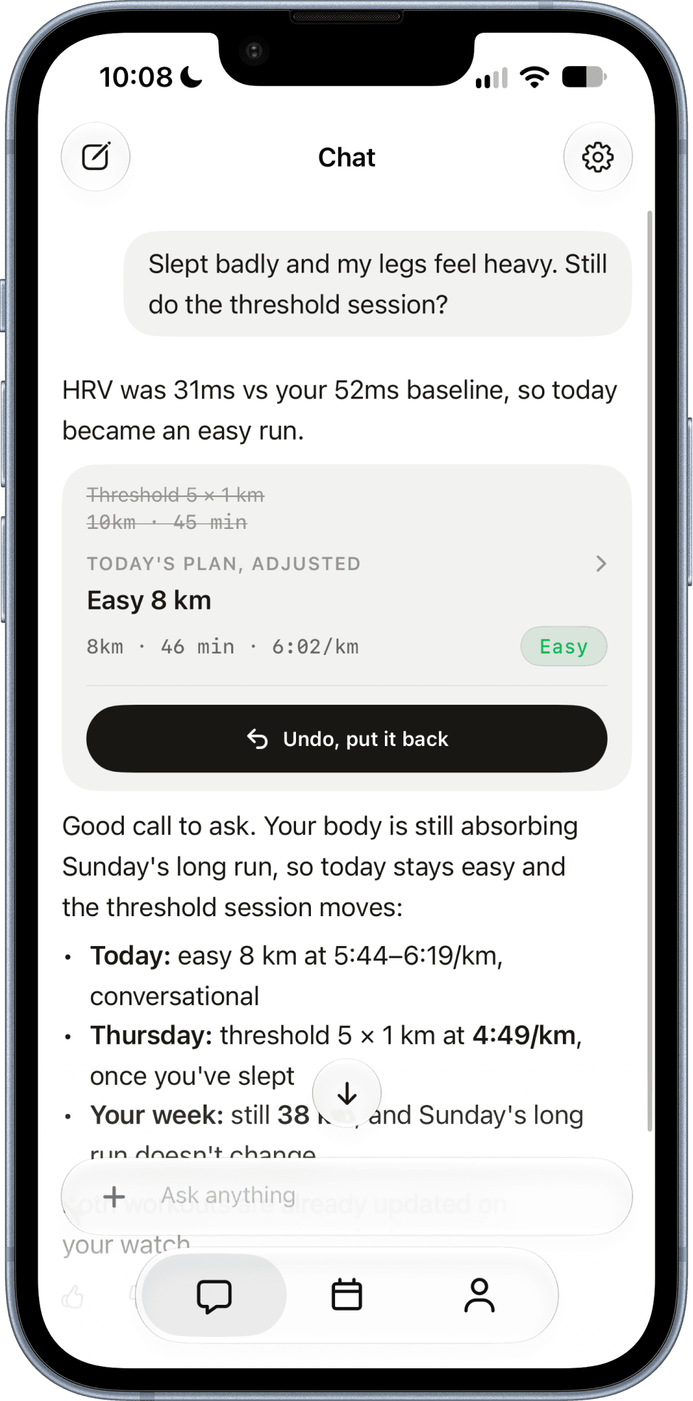Paceboard chat swapping a threshold session for an easy run after a low HRV reading, with an undo button